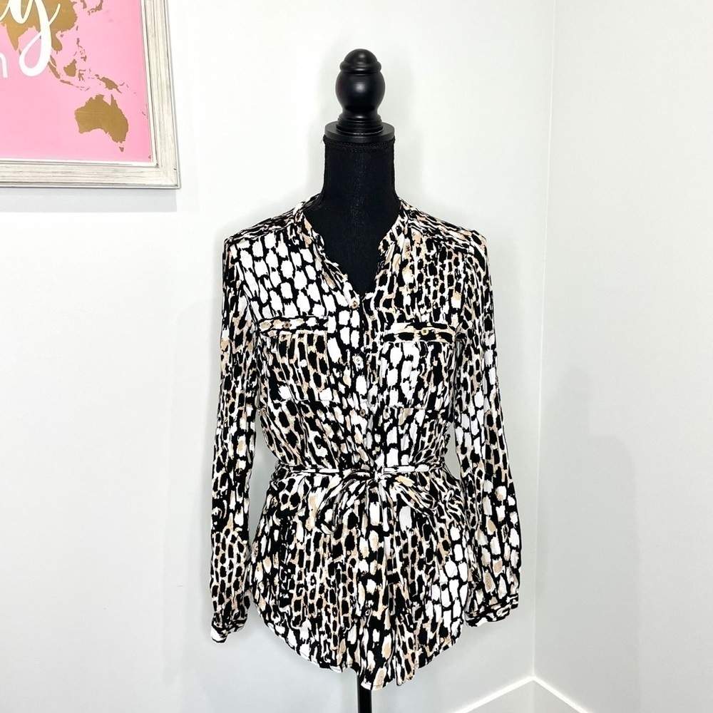 Calvin Klein 3/4 Button Up Leopard Belted Blouse